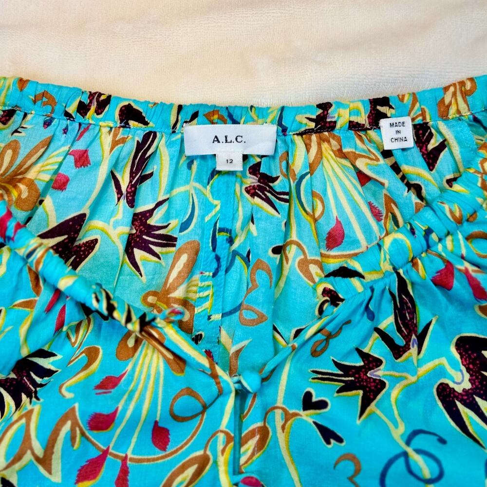 ALC Tropical Cotton Blouse Balloon Sleeve Turquoise 12 Resort Vacation Cruise - Picture 5 of 16